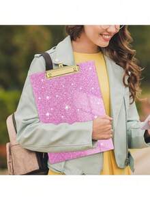1pc Sparkly Pink Glitter Acrylic Clipboard, Portable Golden‑Clip Writing Board, Decorative Light‑Weight Document Holder For School, Office & Travel Note‑Taking & Paper Organizing - Rectangle - View 2
