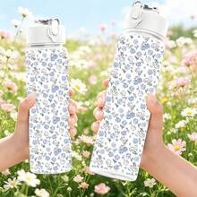 1/5 chai nước nhựa 25oz màu xanh sương mù họa tiết hoa nhí, cốc thể thao nắp bật chống rò rỉ có tay cầm, phù hợp cho phòng đọc sách, văn phòng, thư giãn hàng ngày, quà tặng nhẹ nhàng cho người yêu tông xanh trầm và họa tiết hoa tối giản - Họa tiết hoa nhỏ - Xem 3