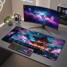 Japanese Sakura Temple Night Scene Pattern Extra Long Gaming Mouse Pad And Desk Mat Set, Non-Slip Durable Rubber Base, Smooth Surface, Suitable For PC Laptop Office Home, Abstract Art Decoration, Back To School Supplies - A - View 3