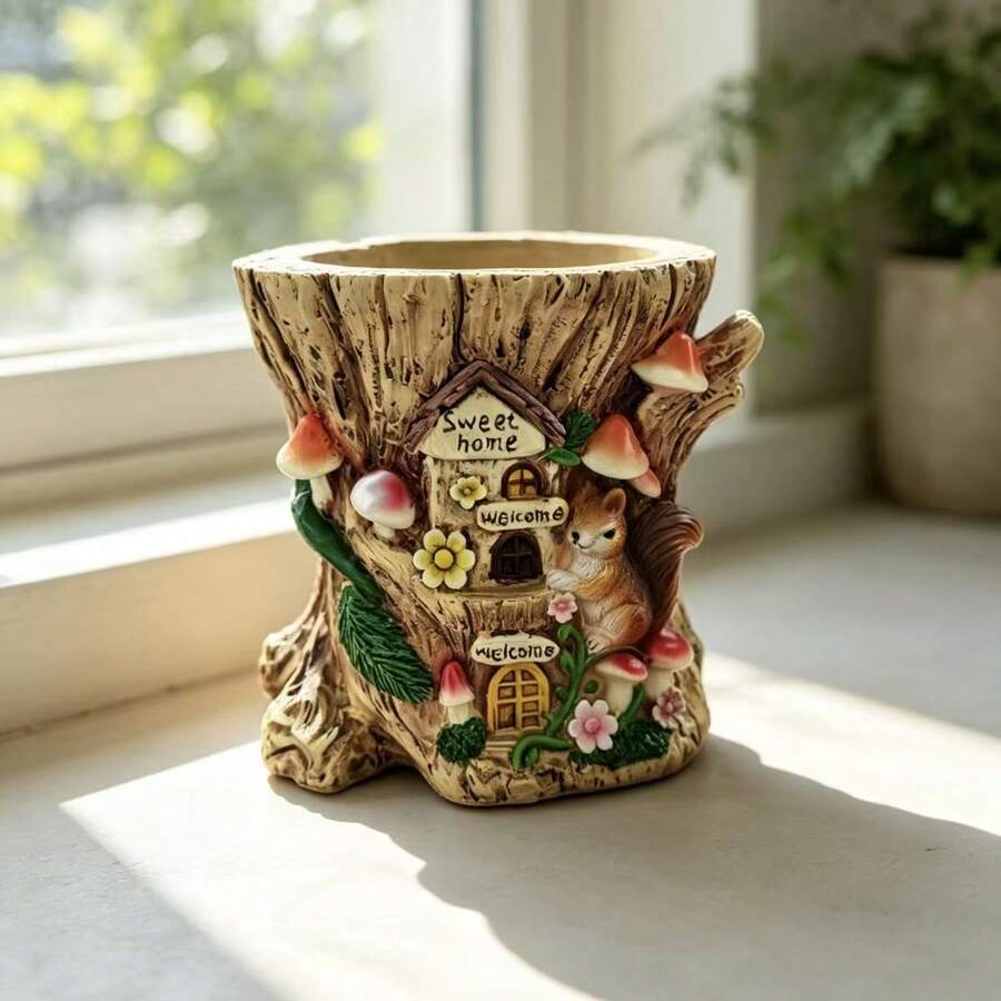 1PC Tree Stump Squirrel Resin Planter, Fairy Tale Style 3D Embossed Craft, Vivid And Cute Design. Suitable For Planting Succulents, Desktop Balcony Garden Decoration Ornament. - Squirrel Flower Pot - View 1