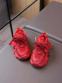 1 Pair Spring/Autumn Boys' Shoes, Colorful Girls' Sports Shoes, Soft Sole Chunky Sneakers - Red - View 5