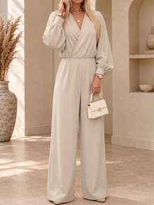 Jumpsuit Kasual Minimalis Lengan Panjang Warna Polos Leher V Elegan untuk Wanita Musim Semi/Gugur - Aprikot - View 3