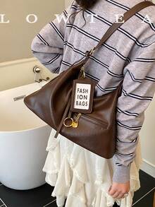 low tea 1pc Fashionable Crescent-Shaped PU Leather Shoulder Bag, Suitable For Commuting, Shopping And More - Coffee - View 6