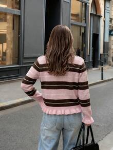 Joy Knit 女款秋冬針織開襟衫 時尚新款 基礎上衣 優雅條紋休閒極簡風 多鈕扣袖口下擺荷葉邊圓領 適合辦公穿搭 外出上衣 派對 新年 生日 海灘 節慶 - 粉紅棕 - 查看 6