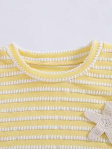 Girls' Casual Fashion Pineapple Plaid Striped Round Neck 3D Starfish Applique Ruched Waist Slim Fit Knit Top, Spring/Autumn - Yellow - View 3
