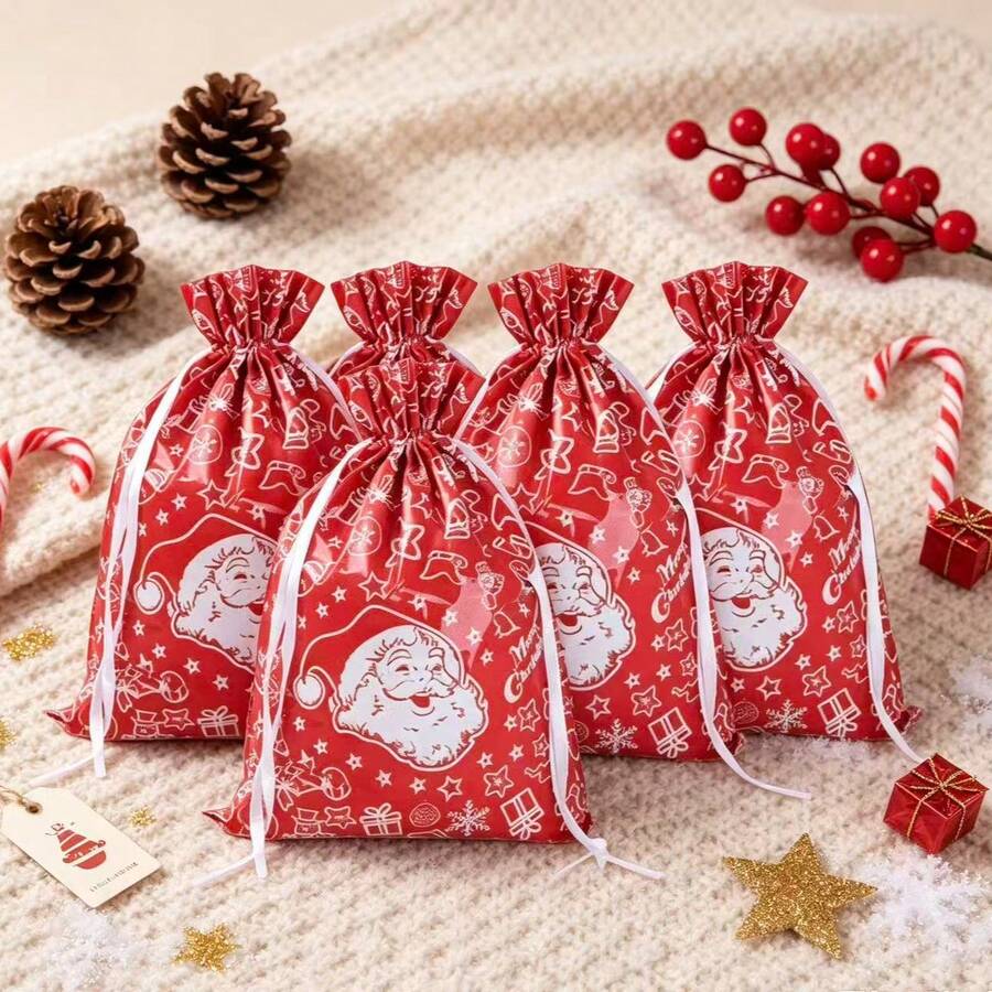 2/4/6pcs Extra Large Christmas Drawstring Gift Bags, Durable Plastic Bags With Santa Claus Pattern, Holiday Party Gift And Candy Storage Bags - View 1