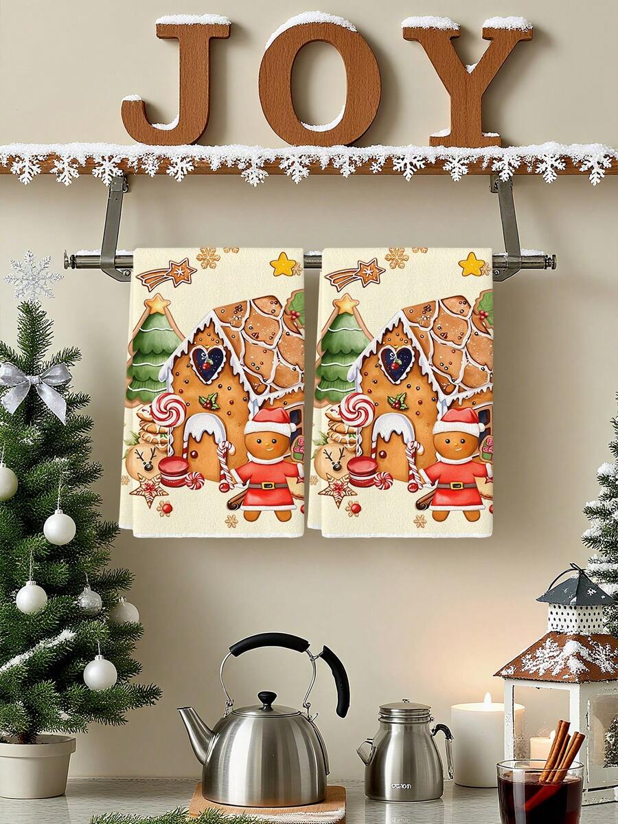 2pcs Christmas Gingerbread House Santa And Candy Print Kitchen Towels, Cute Holiday Bakery Design Dish Cloths, Suitable For Kitchen Cleaning & Christmas Decor - White - View 1