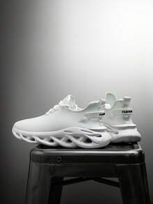 Men's White Knit Mesh Lace-Up Sneakers, Cable Knit Texture Thick Sole Invisible Height Increase, Youth Street Style Versatile Casual Running Shoes - White - View 3