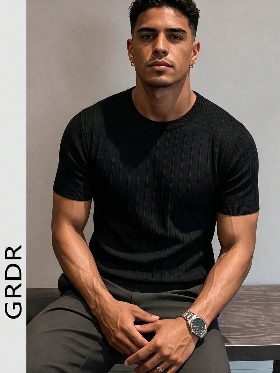 GRDR Men's Summer Knitted Solid Color Short Sleeve Shirt, Suitable For Business Gatherings, Classic Solid Color