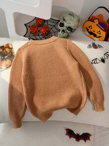 男孩女孩萬聖節南瓜刺繡圓領長袖針織毛衣，3D紋理趣味圖案休閒百搭節日套頭衫 - 橘色 - 查看 2