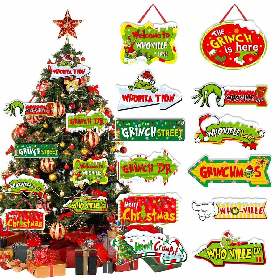The Grinch 12Pcs Christmas Ornament Signs Set, Whoville Direction Hanging Tags, Christmas Tree Door Wall Party Decorations - Multicolor - View 1