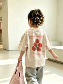 Baby Girl "Farmers Market" Tomato Print Short Sleeve T-Shirt, Casual Round Neck Top - Apricot - View 9