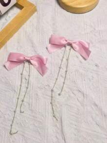 2pcs/Set Jepit Rambut Wanita dengan Liontin Pita dan Rumbai - Berwarna merah muda - View 4