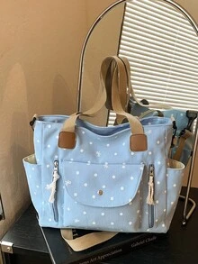 New Korean Style Gentle Polka Dot Bow Decor Large Capacity Multi-Pocket Shoulder Bag, Retro Sweet Lazy Casual Versatile Colorblock Detachable Long Strap Tote Bag, Suitable For Students, Classroom, Commuting, Work, Daily, Shopping, Vacation, Travel - Multicolor - View 11