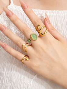 4pcs Vintage Luxury Stainless Steel Gold Ring Set, Inlaid With Light Green Gemstone, Geometric Open Design, Suitable For Women's Daily Wear, Dating, Holiday, Halloween, Saudi National Day - Gold - View 5