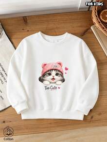Kids Cute Cat Print Round Neck Long Sleeve Pullover Sweatshirt - Soft Breathable Casual Top For Spring & Fall Outdoor Play - White - View 2