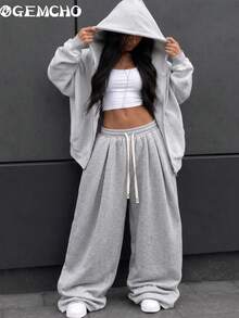 GEMCHO Women's Light Grey Oversized Wide Leg Sweatpants With Elastic Drawstring Waist & Front Pleats, Fall Winter Wear For Campus, Travel & Weekend Outings - Light Grey - View 1