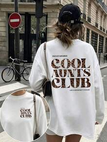 大尺碼女款豹紋「Cool Aunts Club」字母印花長袖T恤，中等彈性圓領寬鬆版型幽默休閒秋季上衣 - 白色 - 查看 1