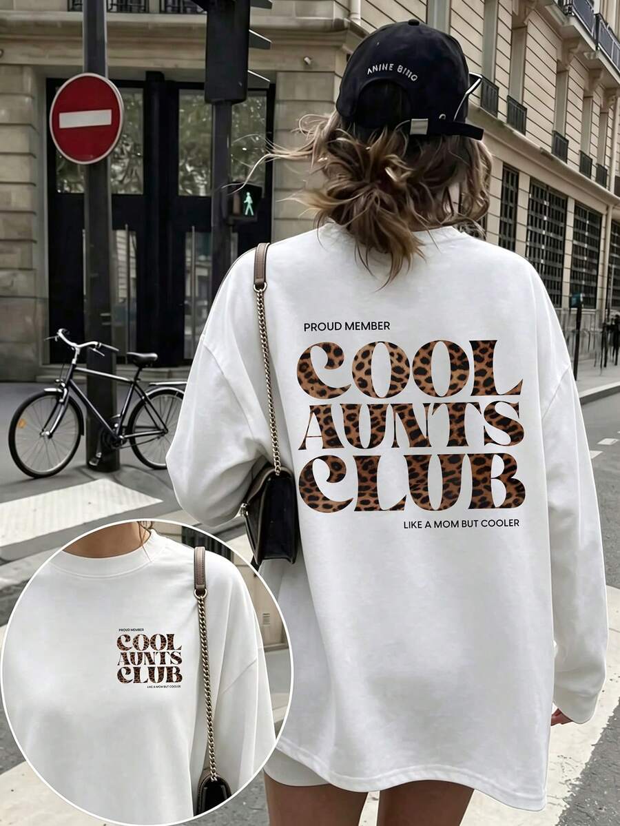 大尺碼女款豹紋「Cool Aunts Club」字母印花長袖T恤,中等彈性圓領寬鬆版型幽默休閒秋季上衣 - 白色 - 查看 1