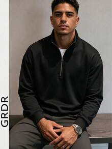 GRDR Men's Solid Color Long Sleeve Zip-Up Pullover Pullover Sweatshirt, Autumn/Winter - Black - View 4