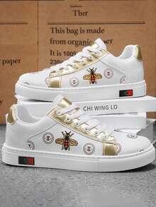 GAISIMA Fashion Men's Bee Pattern Gold Patchwork Low-Top Sneakers, Casual Flat Lace-Up Shoes Suitable For Street Daily Wear In Spring And Autumn - White - View 1
