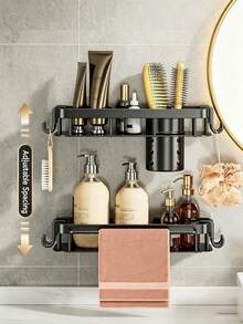 1pc Wall‑Mounted Kitchen Spice Rack, No Drill Double‑Tier Storage Organizer With Utensil Holder & Hooks, Black Metal Seasoning Shelf For Kitchen Counter Space Saving - Kitchen Shelves - View 7