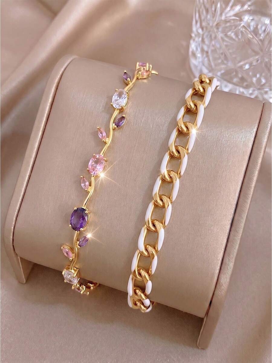 2pcsGold‑Tone Stainless Steel Bracelet, French‑Style Luxe White Enamel Curb Chain Design, Elevate Your Elegant Look - Gold - View 1