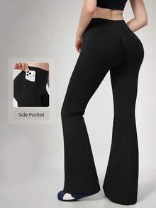NcmRyu Women's 1pc Colorblock Fold-Over High Waist Running Gym Yoga Pants With Flared Leg - Black - View 1