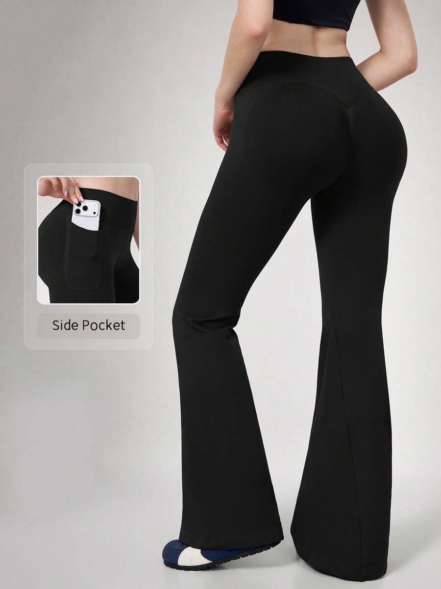 NcmRyu Women's 1pc Colorblock Fold-Over High Waist Running Gym Yoga Pants With Flared Leg - Black - View 1