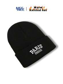 1件裝 男士 PARIS FRENCH 刺繡秋冬針織毛帽，時尚中性 Y2K 無邊帽，防風保暖戶外帽 - A - 查看 3