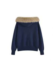 Women's Hooded Plush Patchwork Casual Versatile Daily Wear Cardigan - Navy Blue - View 6