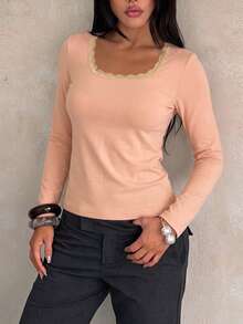 Women's Fitted Thermal Lace Trim U-Neck Long Sleeve Top, Soft Warm Casual Basic Shirt For Fall Winter, Pink, Holiday Outfit - Pink - View 10