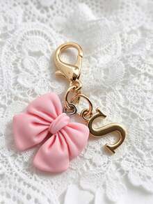 1pc 2-In-1 26 Letters + Pink Bow Lobster Clasp, Exquisite Cute Pink Bow Keychain/A-Z 26 Letters Keychain/Suitable For Bags, Wallets And Other Decorative Accessories, Ideal Holiday Gift Accessory - Multicolor - View 28