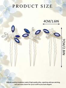 3pcs Blue Rhinestone Pearl Flower Bridal Hair Clips, Elegant Wedding Bridesmaid U-Shaped Hair Pins, Prom Party Hair Accessories - Multicolor - View 4