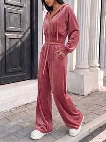 Fashionable Women's Velvet Hooded Short Jacket & Elastic Waist Wide Leg Pants Set, Casual Autumn Outfit Choice, With Pocket Design - Pink - View 4