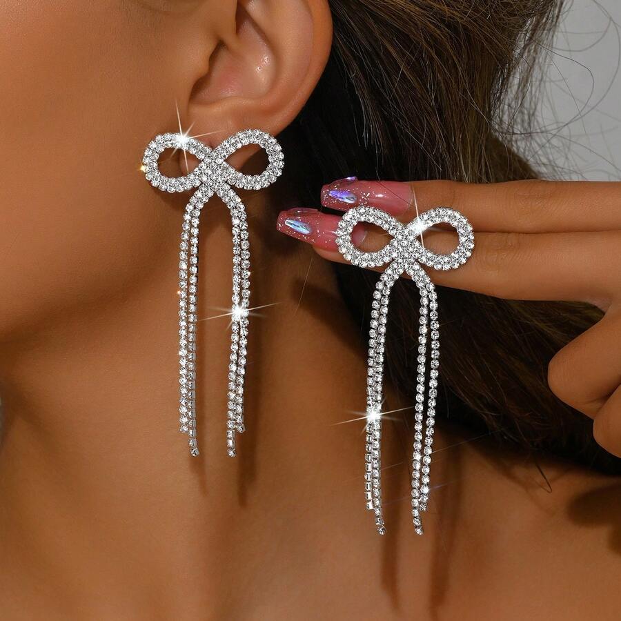 Um Conjunto de Brincos Longos de Cristal CZ em Formato de Laço, Estilo Palaciano Vintage Exagerado e Luxuoso, Presente Perfeito para o Dia dos Namorados e Dia das Mães - DTE1516286S - Visão 1