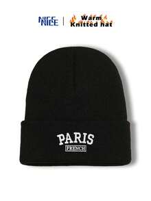 1件裝 男士 PARIS FRENCH 刺繡秋冬針織毛帽，時尚中性 Y2K 無邊帽，防風保暖戶外帽 - A - 查看 10