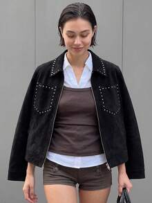 Women's Fashion Black Faux Suede Jacket, Rivet Collar, Front Zipper Closure, Rivet Pocket Trim, Autumn Outdoor Coat - Black - View 8