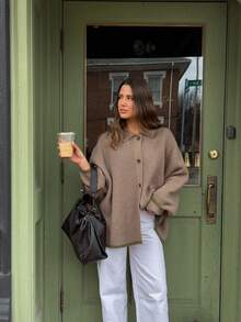 Senya 2026 Women's Ribbed Knit Cardigan, Grey-Brown Lapel Button Sweater, Loose Oversized Long Sleeve Contrast Trim Casual Autumn/Winter Top - Camel - View 10
