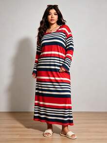 Women's Striped Print Long Nightgown, Plus Size Comfortable Long Sleeve Sleep Dress, Suitable For Autumn/Winter - Multicolor - View 5
