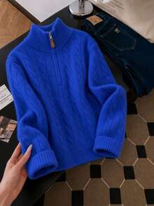 Women's Autumn/Winter Casual Versatile Commute Preppy Youthful Solid Color Half-Zip Loose Collar Knit Cardigan Sweater - Blue - View 6