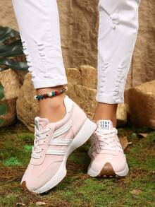 Women Retro Patchwork Lace‑Up Casual Running Sneakers - Pink - View 4