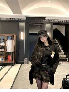 New Women's Winter Knit Long Sleeve Christmas Cosplay Top, Spring/Autumn Simple Elegant Sexy Plaid Patchwork Long Sleeve Knit Sweater - Black - View 3