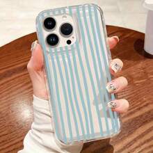 1PC Minimalist Blue & Green Striped Transparent Soft TPU Phone Case, Compatible With Apple 18 17 16 15 14 13 12 11 Plus Pro Max Series, Personalized Ins Style - Clear - View 3