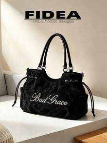 New Women's Matte Embroidered Letter PU Tote Bag, Drawstring Shoulder Large Capacity Commuter Underarm Bag, Casual Daily Work Versatile Handbag Crossbody Bag - Black - View 7