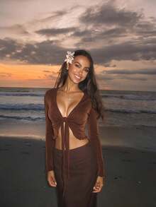Sookaug Sexy V-Neck Tie-Front Knit Sweater, Women's Cropped Long Sleeve Ruffle Edge Top - Brown - View 6