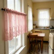 1pc New Lightweight Lace Embroidered Floral Sheer Curtain, Multi-Purpose Translucent Decorative Window Curtain For Kitchen And Other Spaces, Rod Pocket Design, Finished Short Cafe Curtain, Coffee Color - Pink - View 7
