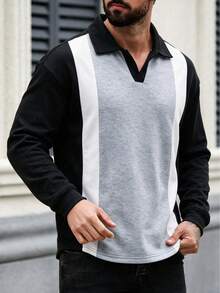 American Retro Men's Patchwork Polo Collar Sweatshirt, Vertical Stripe Colorblock Design, Loose Drop Shoulder, Daily Commute Long Sleeve Top - Black - View 7