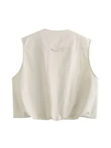 Women's Casual Solid Color Round Neck Zipper Sleeveless Jacket, Utility Style Pleated Hem Sleeveless Top, Streetwear Spring Vacation Vest - Light Grey - View 6