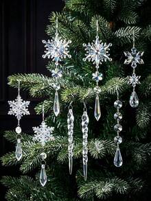 10/18pcs Acrylic Crystal Snowflake & Icicle Christmas Ornaments Set, Clear Faceted Drop Pendants With White Ribbon, Shatterproof Xmas Tree Hanging Decorations For Window Mantel Holiday Wedding Party Decor, Christmas Home Decor, Winter Decoration - A - View 5